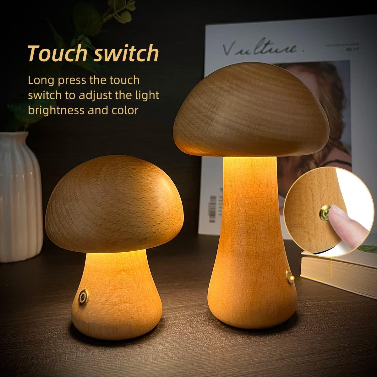 Wooden Mushroom LED Night Light with Touch Switch