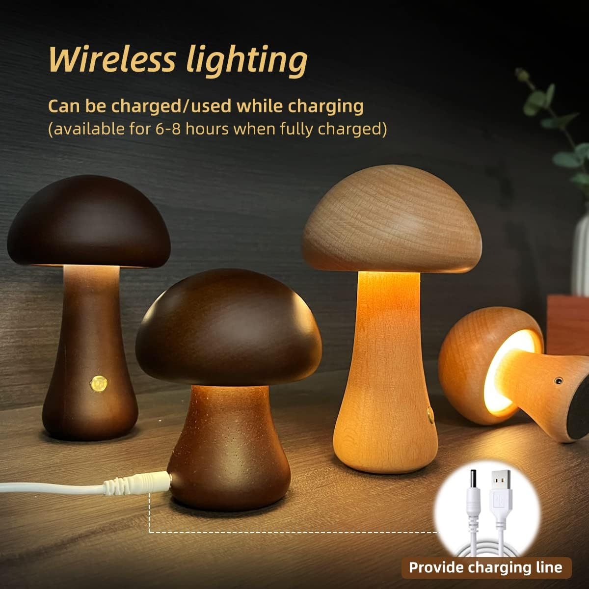 Wooden Mushroom LED Night Light with Touch Switch